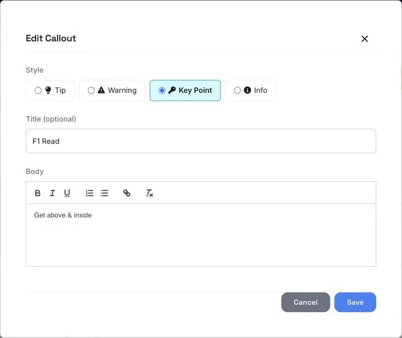 Edit Callout window with Tip, Warning, Key Point and Info styles