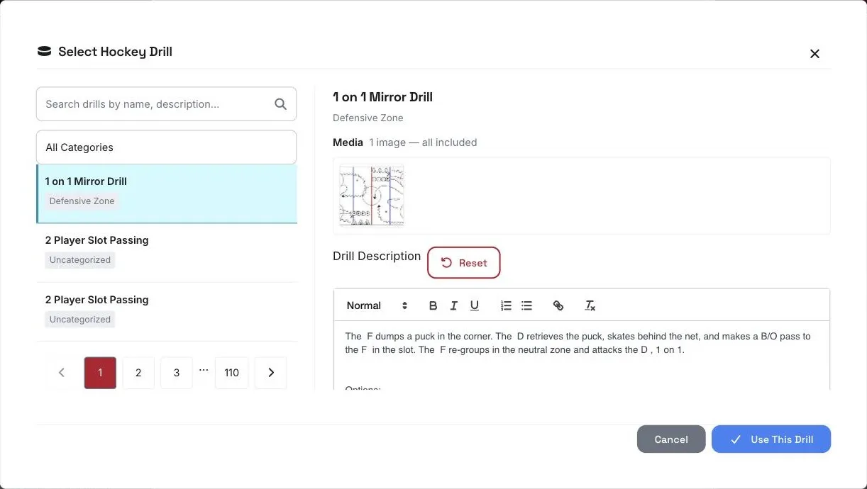 Select Hockey Drill window showing the drill's included media and editable description